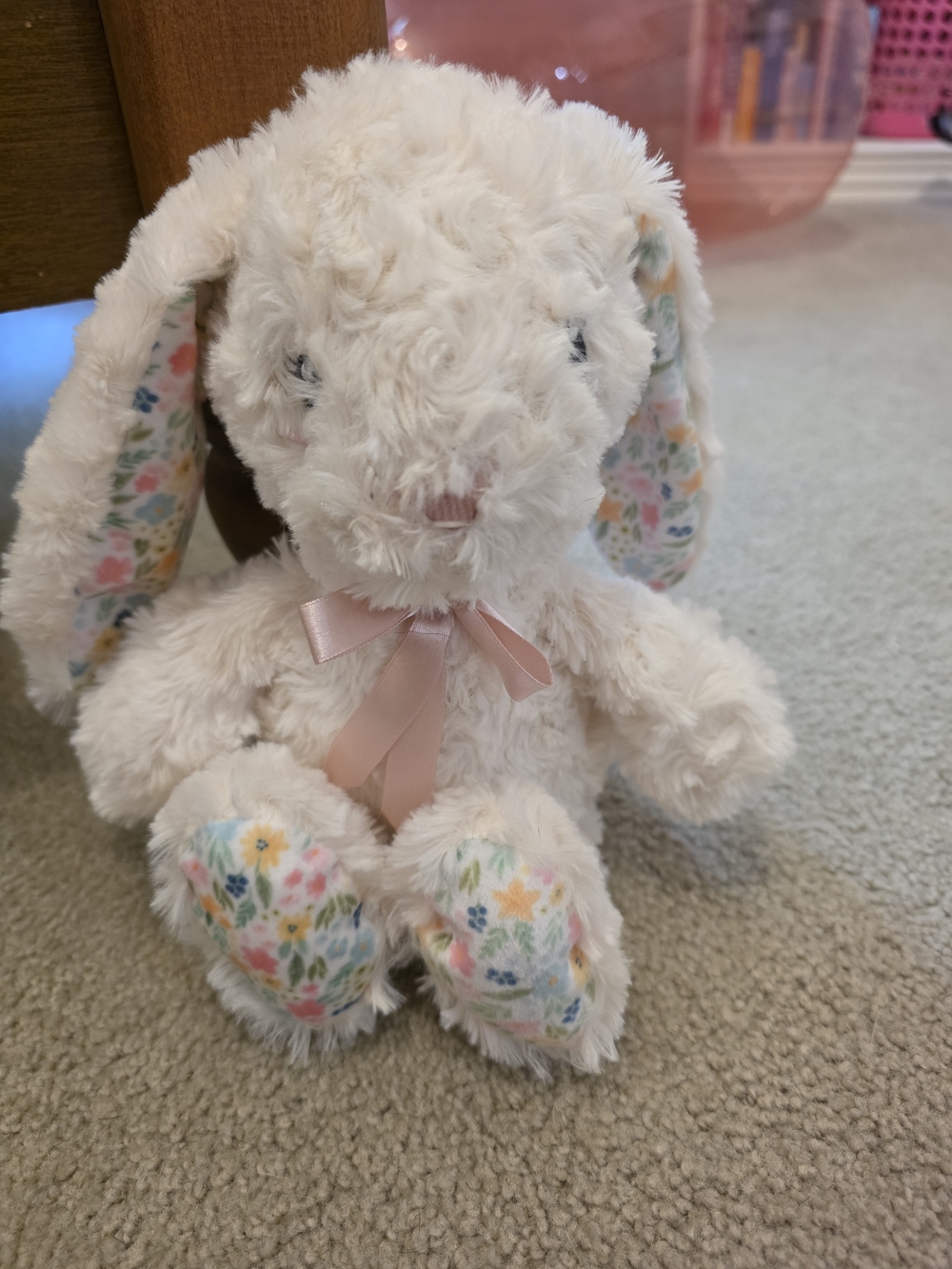 Cream Floral-Accented Plush Bunny with Pink Satin Bow